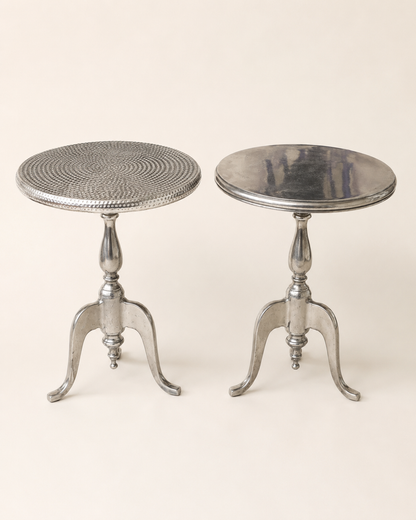 Polished Aluminum Tripod Drink Tables, Pair — Hammered and Smooth Tops, Cabriole Legs