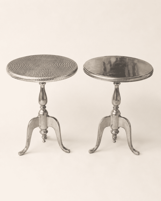 Polished Aluminum Tripod Drink Tables, Pair — Hammered and Smooth Tops, Cabriole Legs