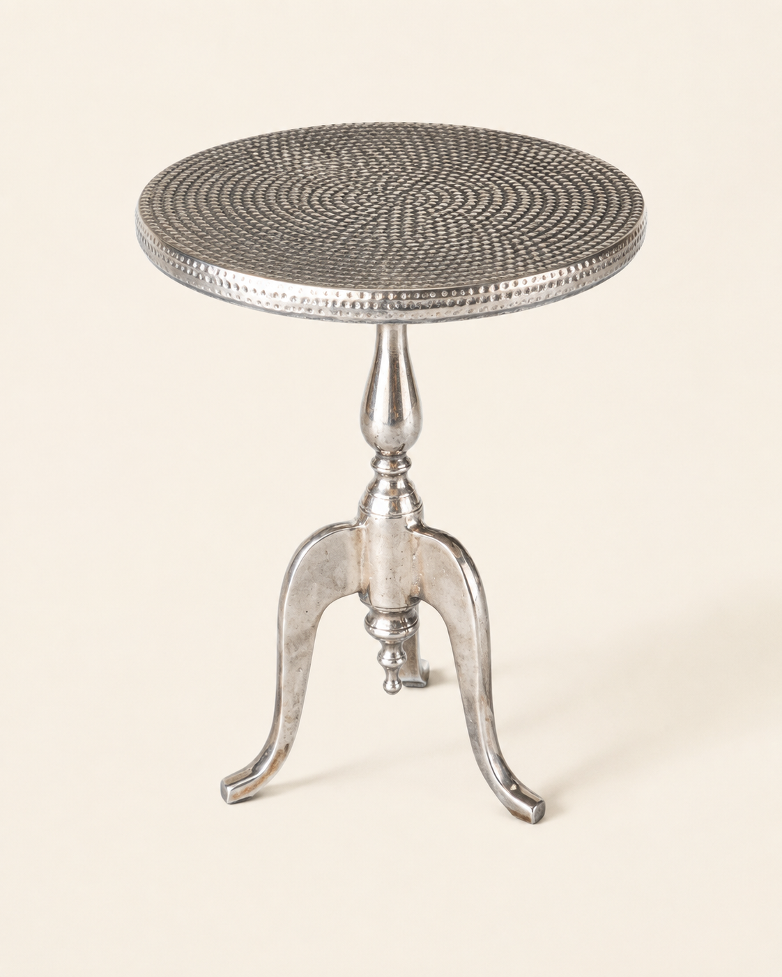 Polished Aluminum Tripod Drink Tables, Pair — Hammered and Smooth Tops, Cabriole Legs