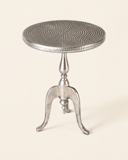 Polished Aluminum Tripod Drink Tables, Pair — Hammered and Smooth Tops, Cabriole Legs