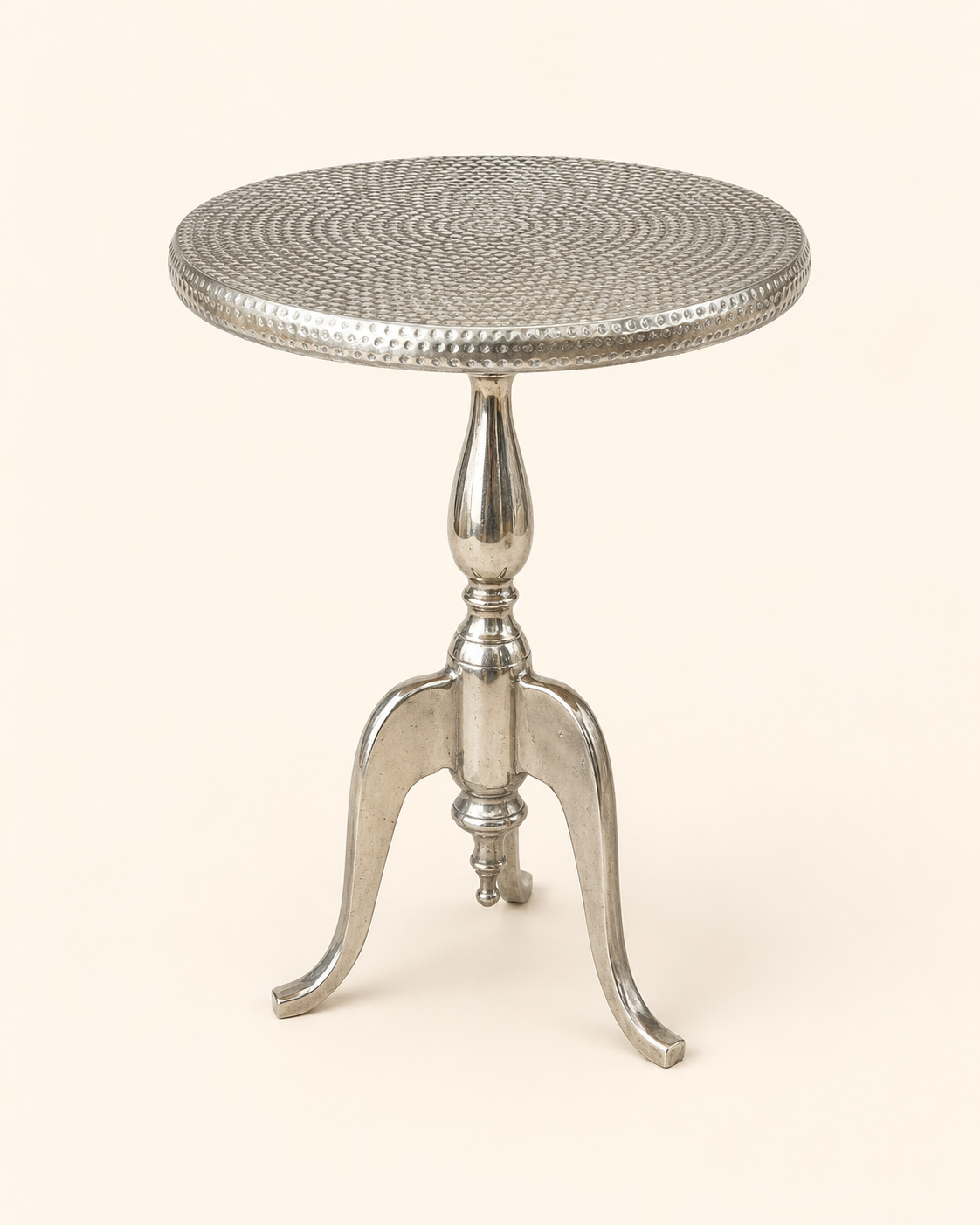Polished Aluminum Tripod Drink Tables, Pair — Hammered and Smooth Tops, Cabriole Legs