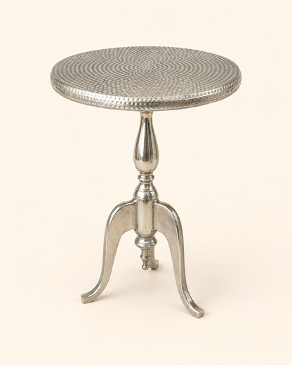 Polished Aluminum Tripod Drink Tables, Pair — Hammered and Smooth Tops, Cabriole Legs