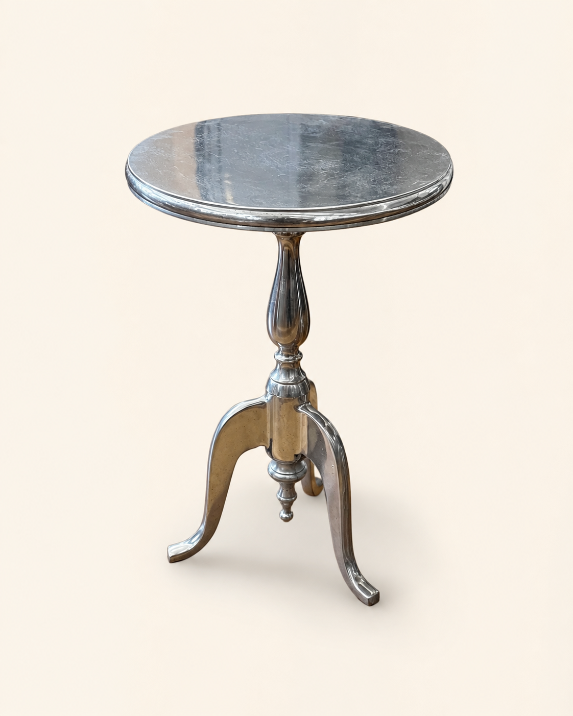 Polished Aluminum Tripod Drink Tables, Pair — Hammered and Smooth Tops, Cabriole Legs