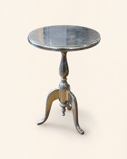 Polished Aluminum Tripod Drink Tables, Pair — Hammered and Smooth Tops, Cabriole Legs