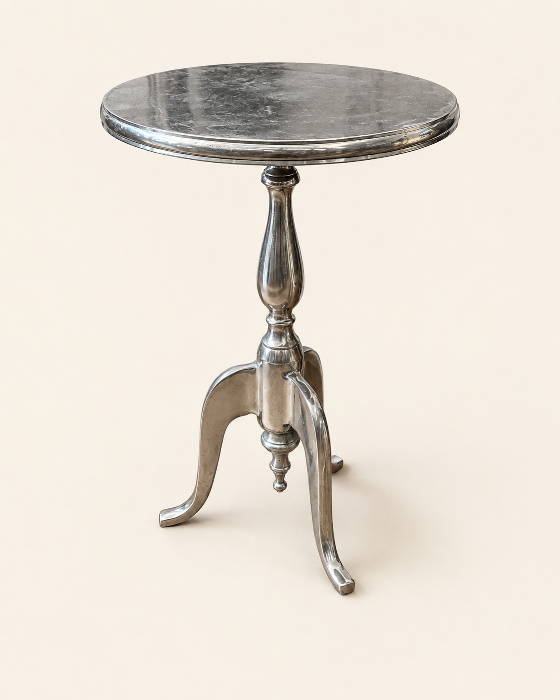 Polished Aluminum Tripod Drink Tables, Pair — Hammered and Smooth Tops, Cabriole Legs