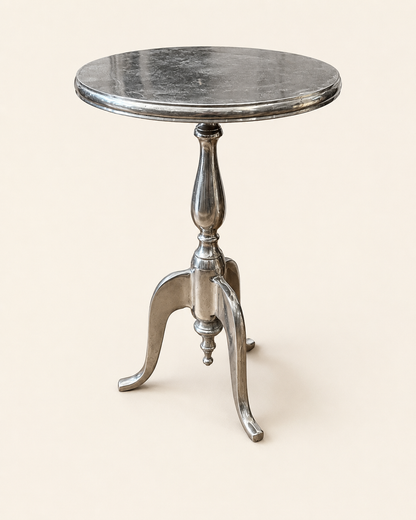 Polished Aluminum Tripod Drink Tables, Pair — Hammered and Smooth Tops, Cabriole Legs