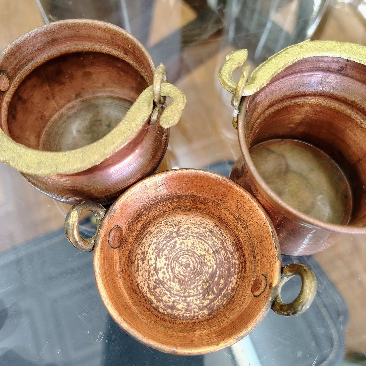 Portuguese Copper Cauldrons with Brass Handles, Set of 3 — Graduated Sizes, Hammered, Portugal - Loom Vintage