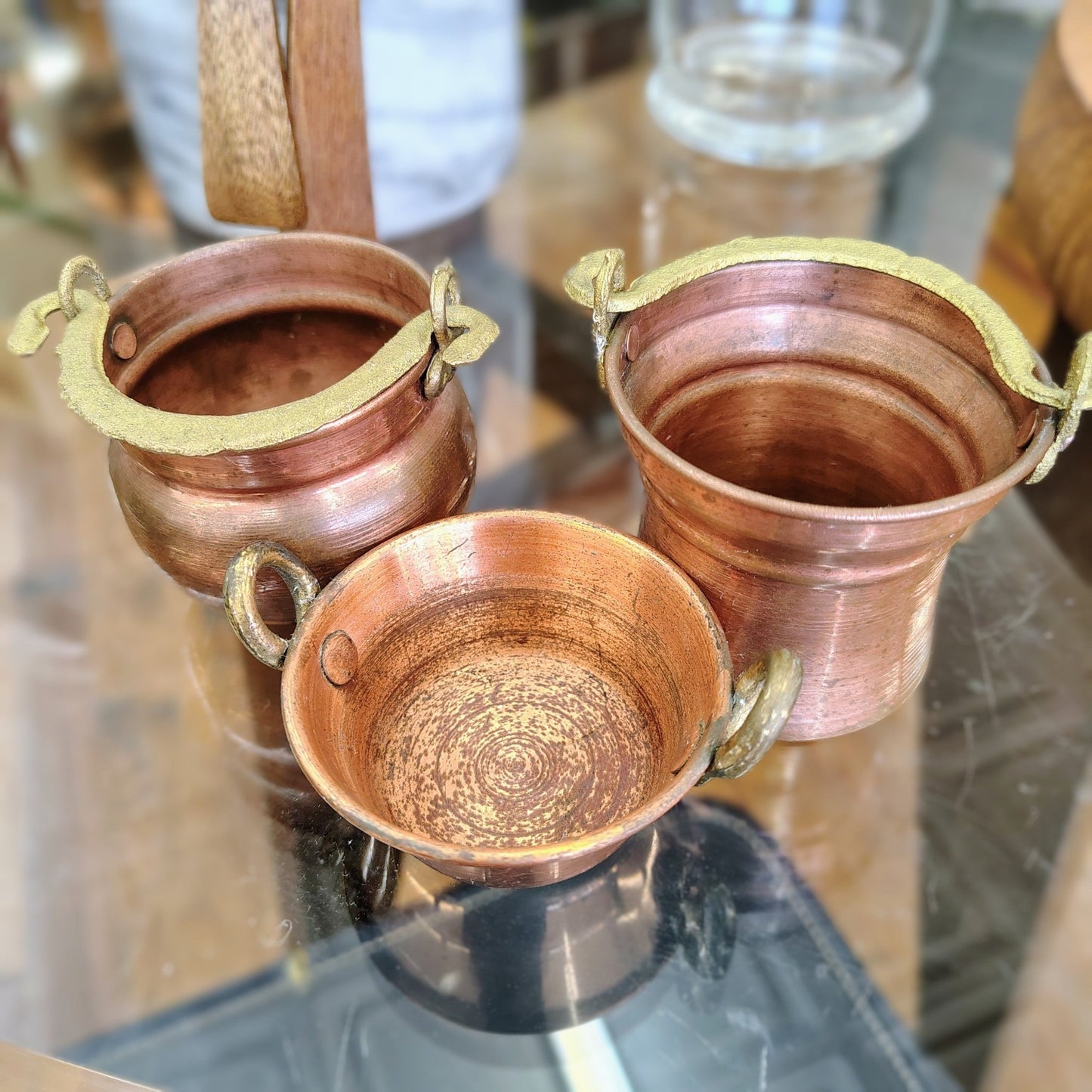 Portuguese Copper Cauldrons with Brass Handles, Set of 3 — Graduated Sizes, Hammered, Portugal - Loom Vintage
