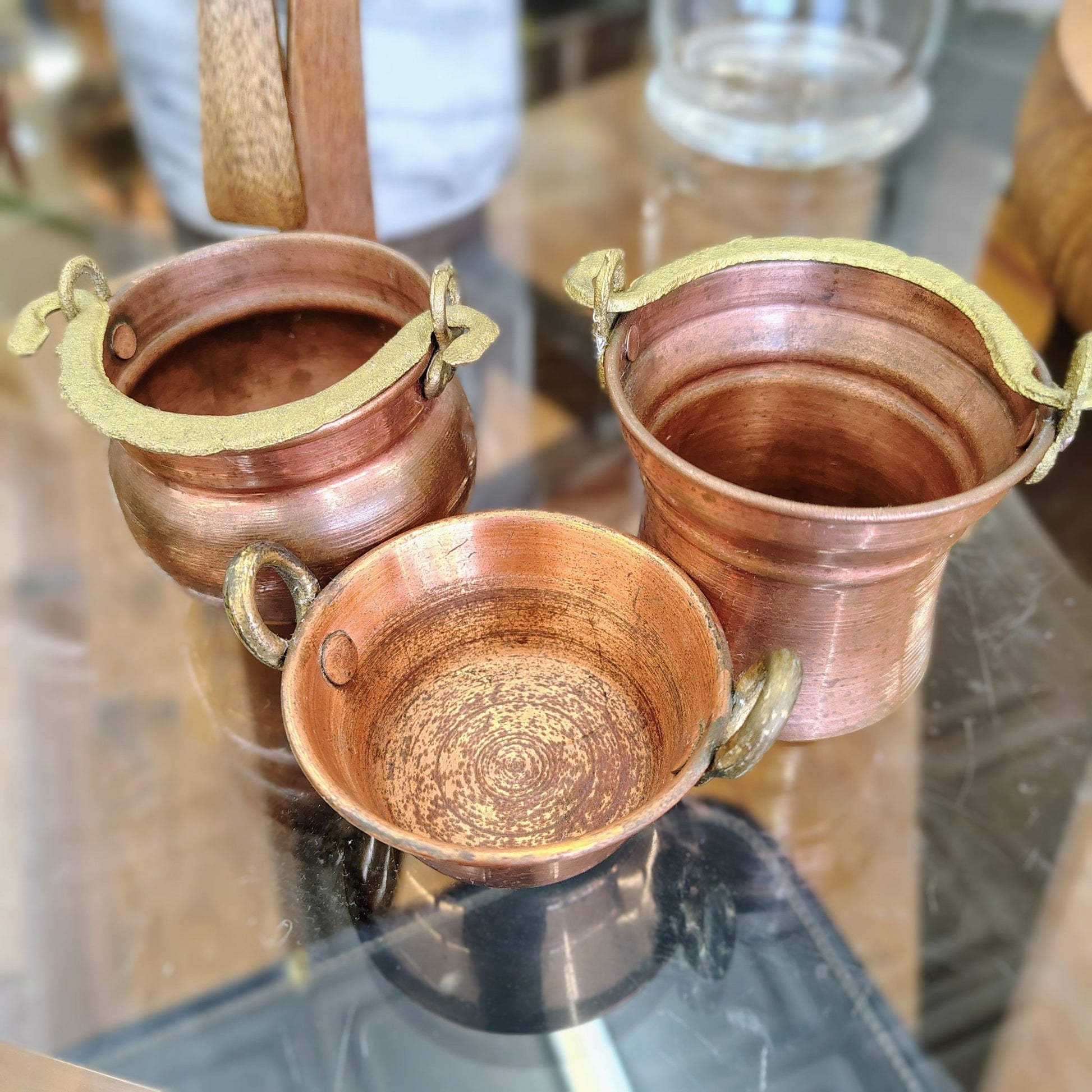 Portuguese Copper Cauldrons with Brass Handles, Set of 3 — Graduated Sizes, Hammered, Portugal - Loom Vintage