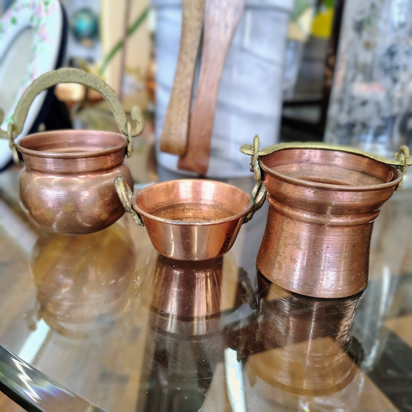 Portuguese Copper Cauldrons with Brass Handles, Set of 3 — Graduated Sizes, Hammered, Portugal - Loom Vintage