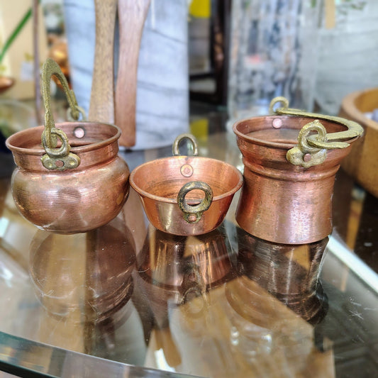 Portuguese Copper Cauldrons with Brass Handles, Set of 3 — Graduated Sizes, Hammered, Portugal - Loom Vintage