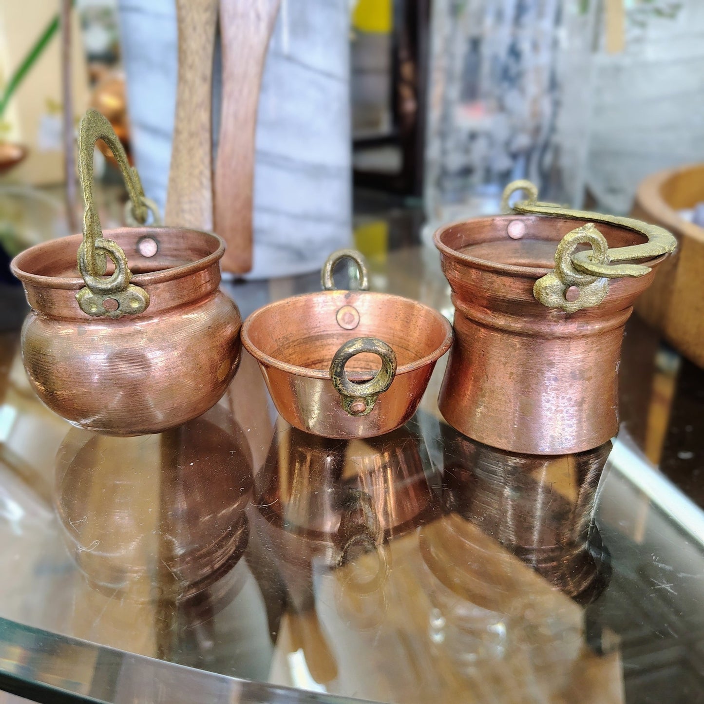 Portuguese Copper Cauldrons with Brass Handles, Set of 3 — Graduated Sizes, Hammered, Portugal - Loom Vintage