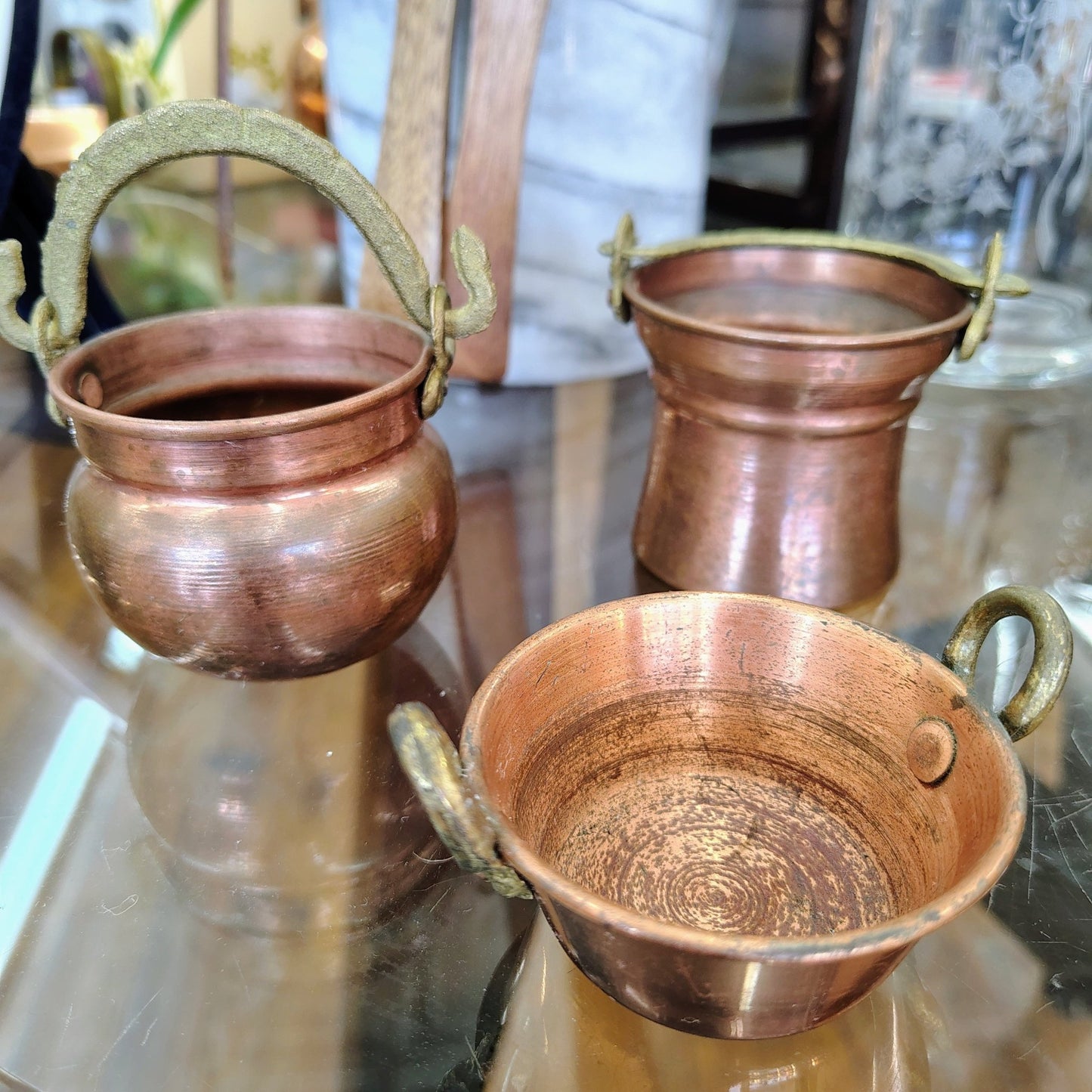 Portuguese Copper Cauldrons with Brass Handles, Set of 3 — Graduated Sizes, Hammered, Portugal - Loom Vintage