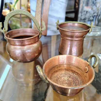 Portuguese Copper Cauldrons with Brass Handles, Set of 3 — Graduated Sizes, Hammered, Portugal - Loom Vintage