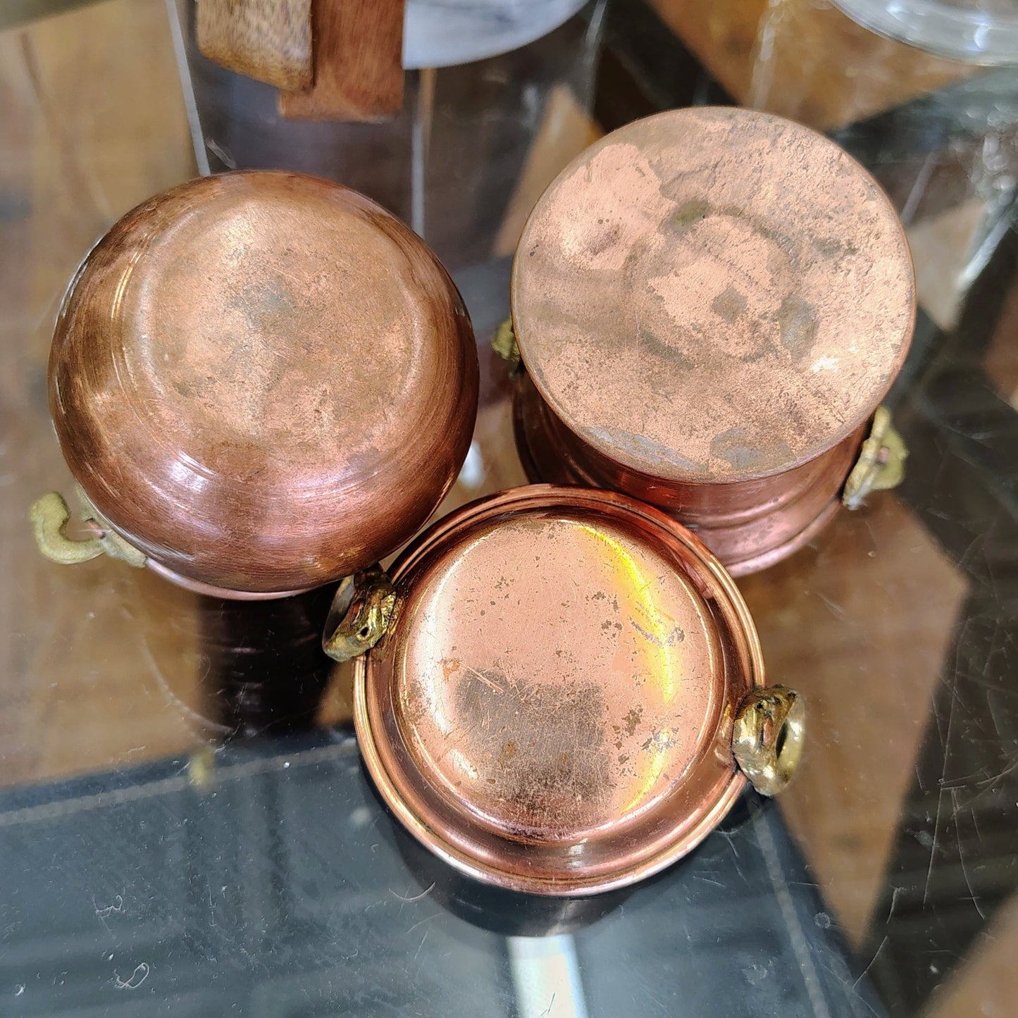 Portuguese Copper Cauldrons with Brass Handles, Set of 3 — Graduated Sizes, Hammered, Portugal - Loom Vintage