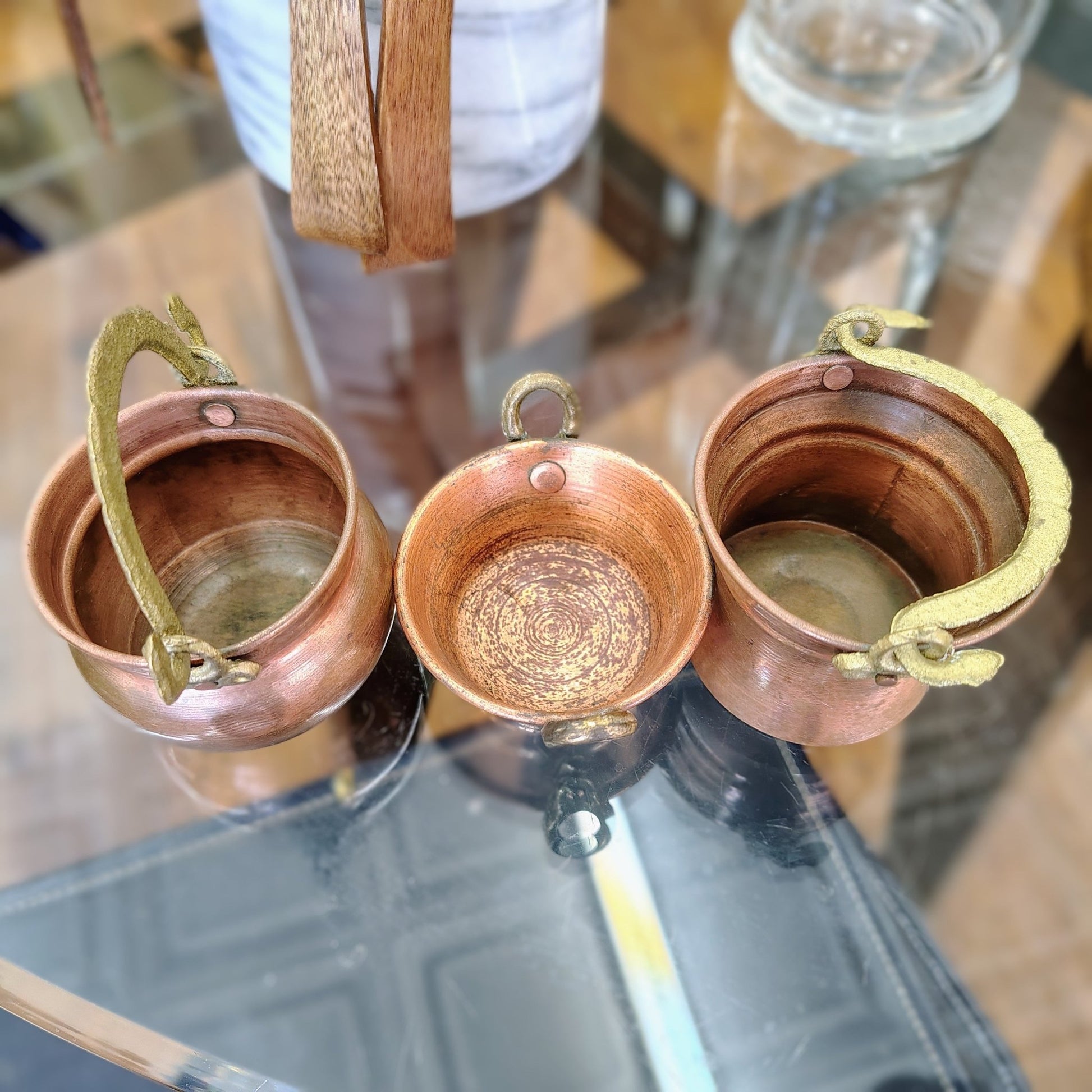 Portuguese Copper Cauldrons with Brass Handles, Set of 3 — Graduated Sizes, Hammered, Portugal - Loom Vintage
