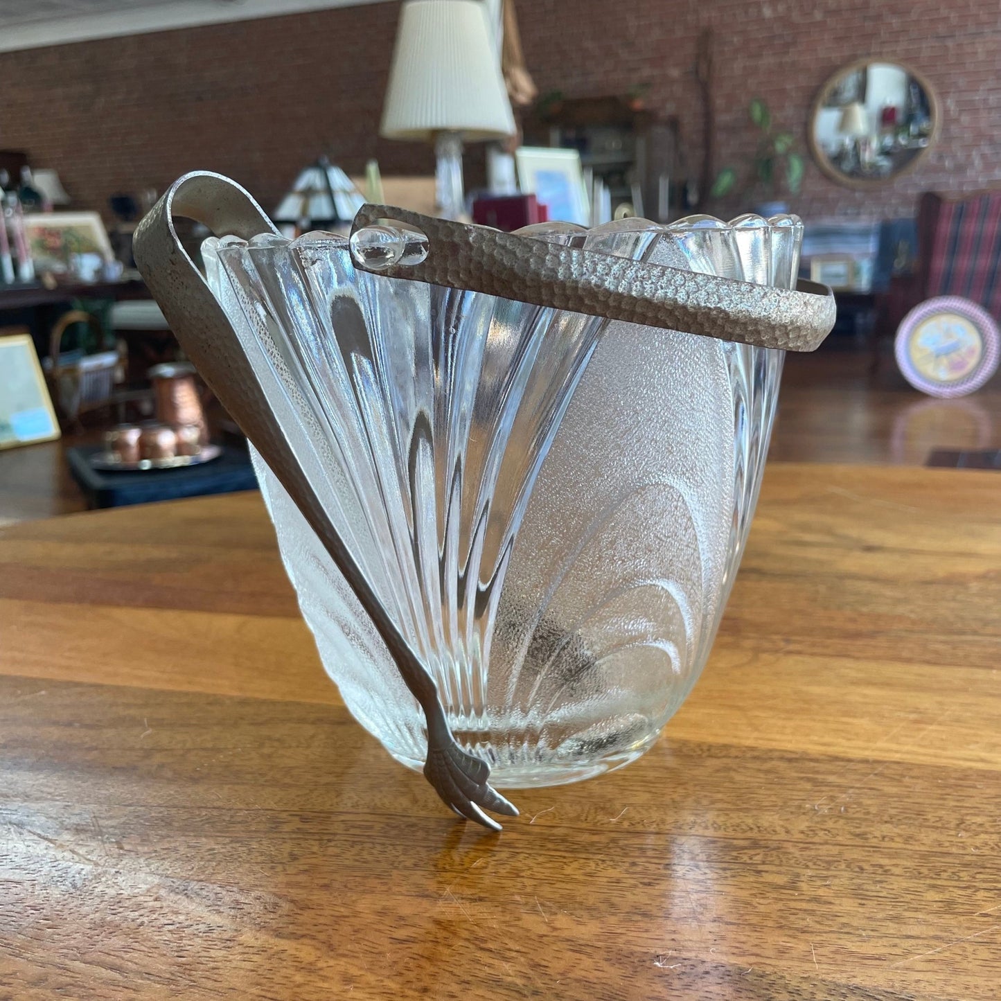 Pressed Glass Ice Bucket with Hammered Metal Handle & Tongs - Loom Vintage