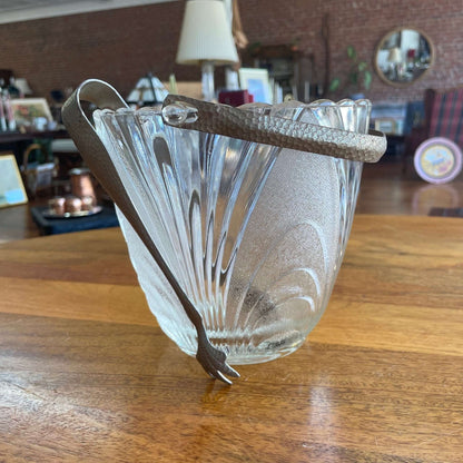 Pressed Glass Ice Bucket with Hammered Metal Handle & Tongs - Loom Vintage