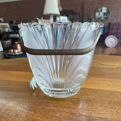 Pressed Glass Ice Bucket with Hammered Metal Handle & Tongs - Loom Vintage