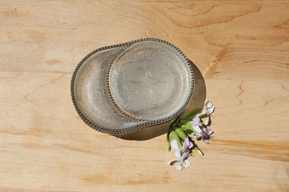 Pressed Glass Trinket Dishes, Set of 3 — Swirl Floral & Harp Pattern, Gold Dot Rim, 4.75"L - Loom Vintage