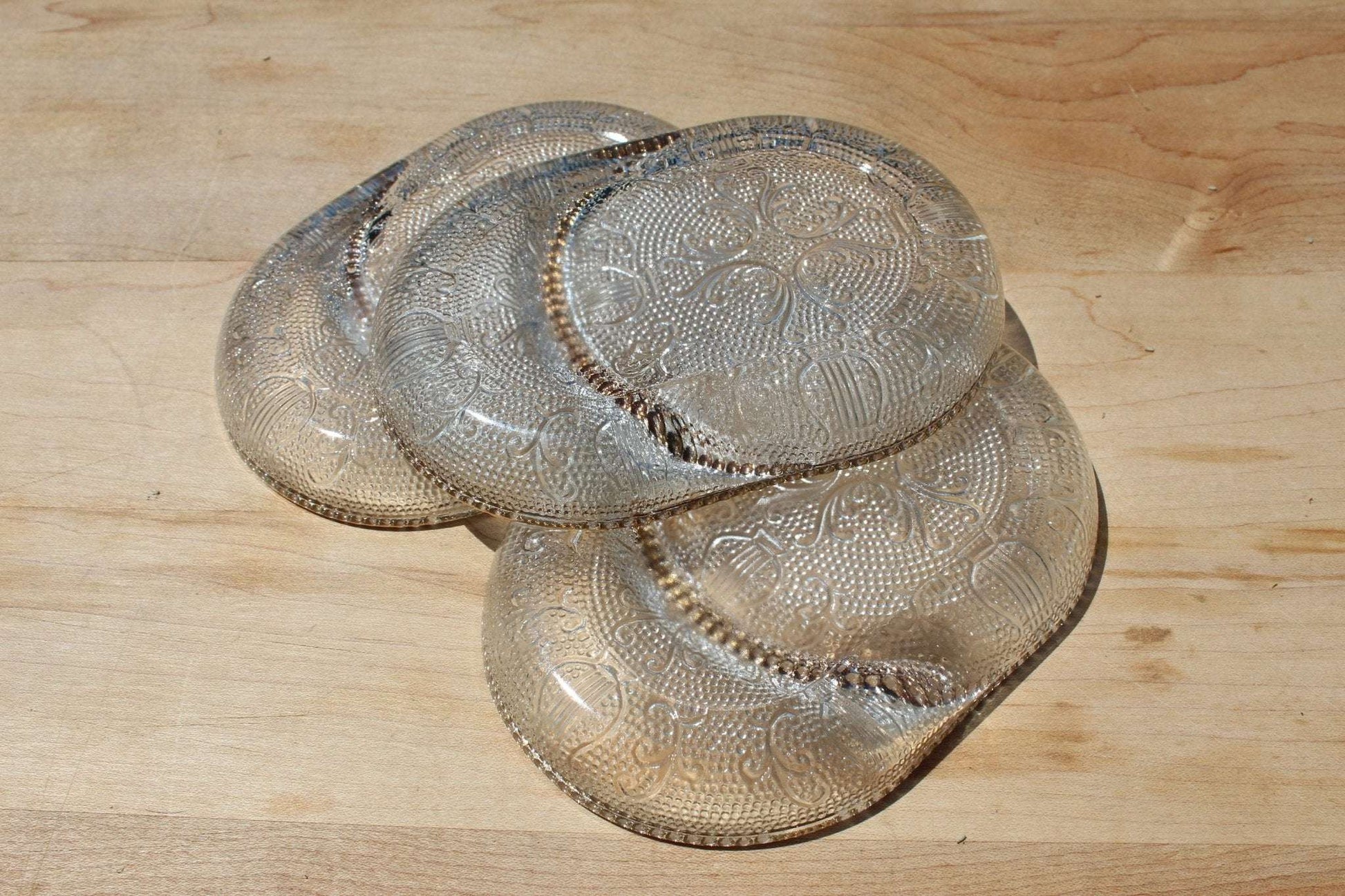 Pressed Glass Trinket Dishes, Set of 3 — Swirl Floral & Harp Pattern, Gold Dot Rim, 4.75"L - Loom Vintage