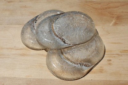 Pressed Glass Trinket Dishes, Set of 3 — Swirl Floral & Harp Pattern, Gold Dot Rim, 4.75"L - Loom Vintage