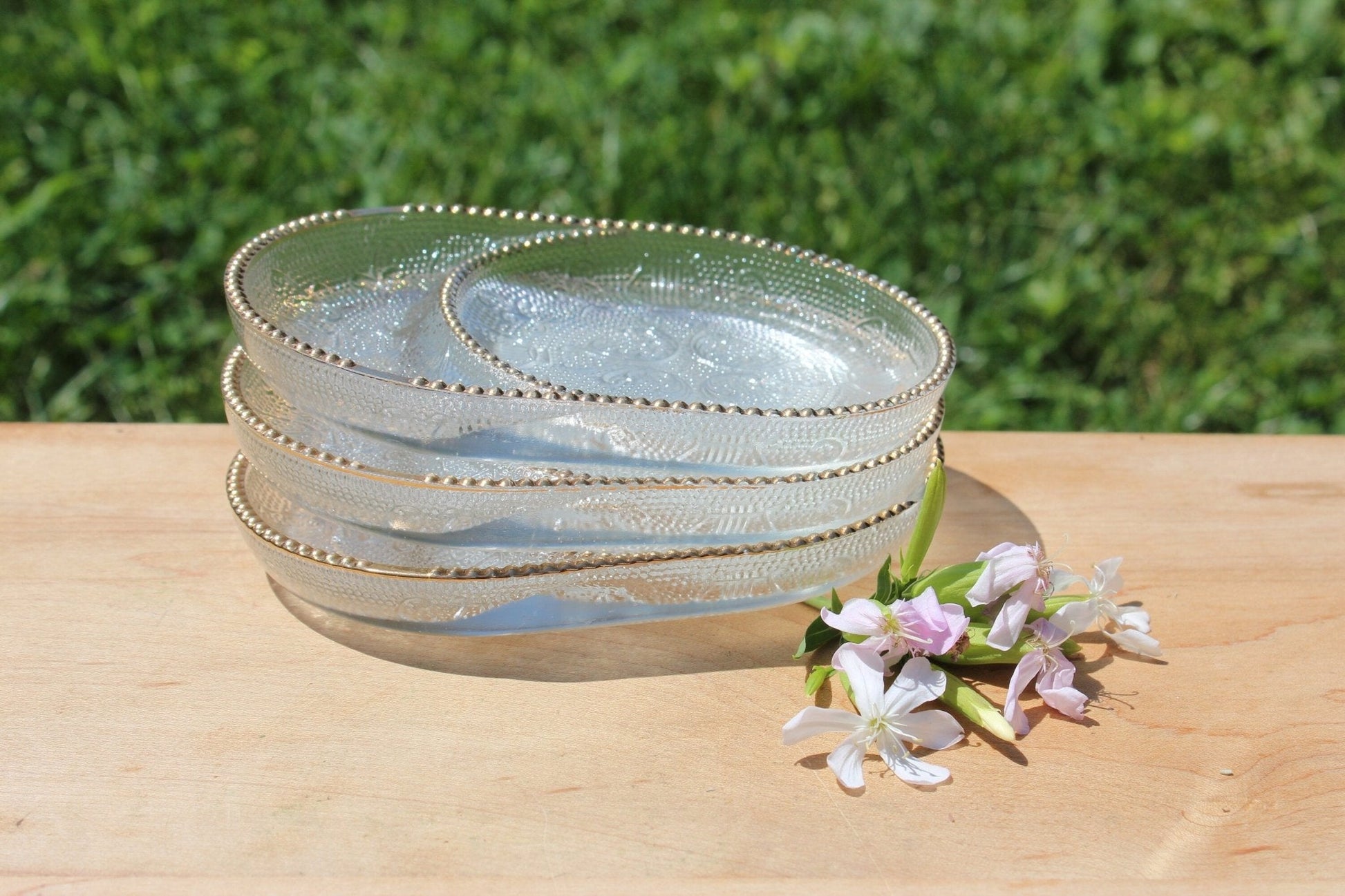 Pressed Glass Trinket Dishes, Set of 3 — Swirl Floral & Harp Pattern, Gold Dot Rim, 4.75"L - Loom Vintage