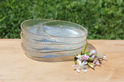 Pressed Glass Trinket Dishes, Set of 3 — Swirl Floral & Harp Pattern, Gold Dot Rim, 4.75"L - Loom Vintage