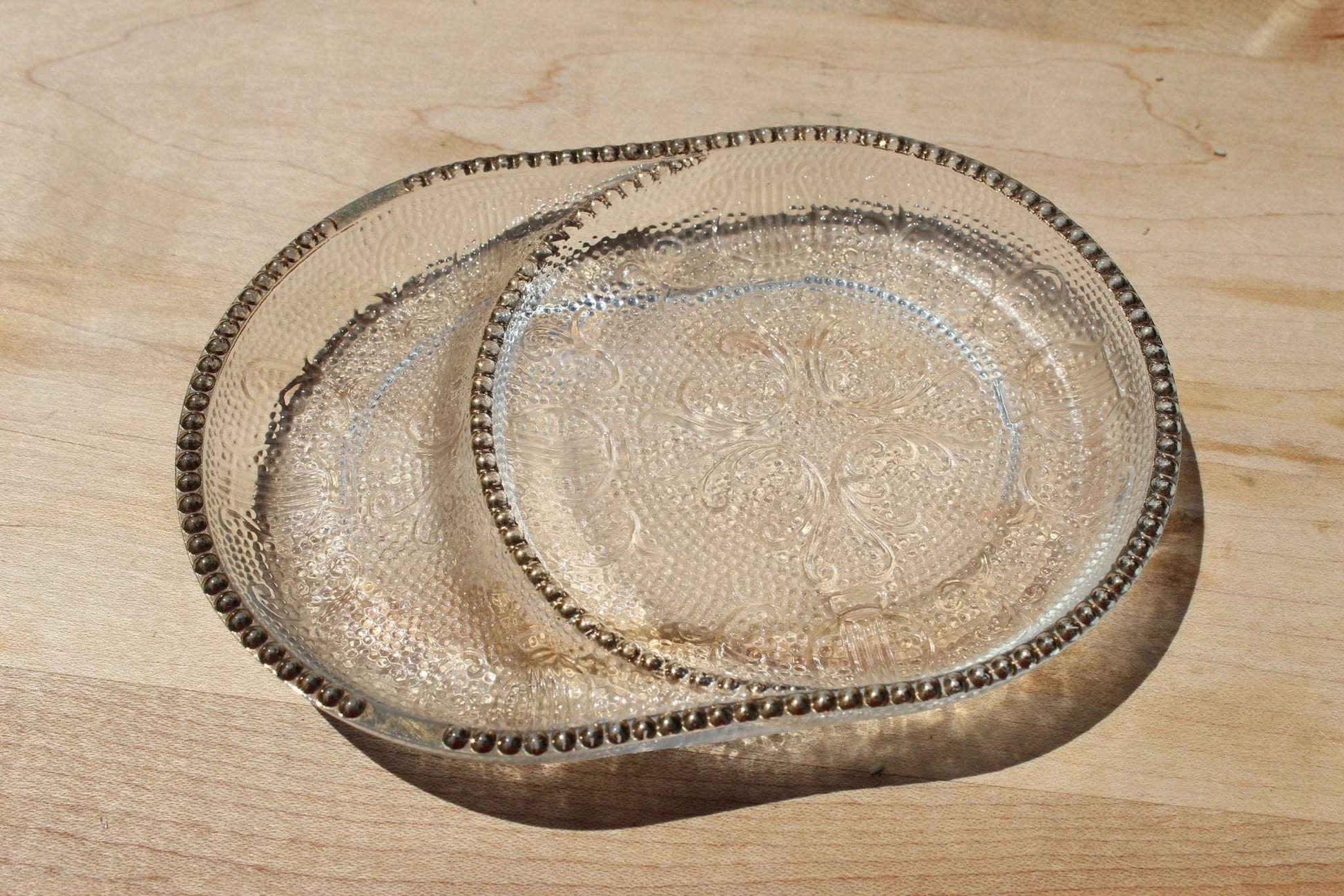 Pressed Glass Trinket Dishes, Set of 3 — Swirl Floral & Harp Pattern, Gold Dot Rim, 4.75"L - Loom Vintage