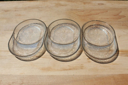 Pressed Glass Trinket Dishes, Set of 3 — Swirl Floral & Harp Pattern, Gold Dot Rim, 4.75"L - Loom Vintage
