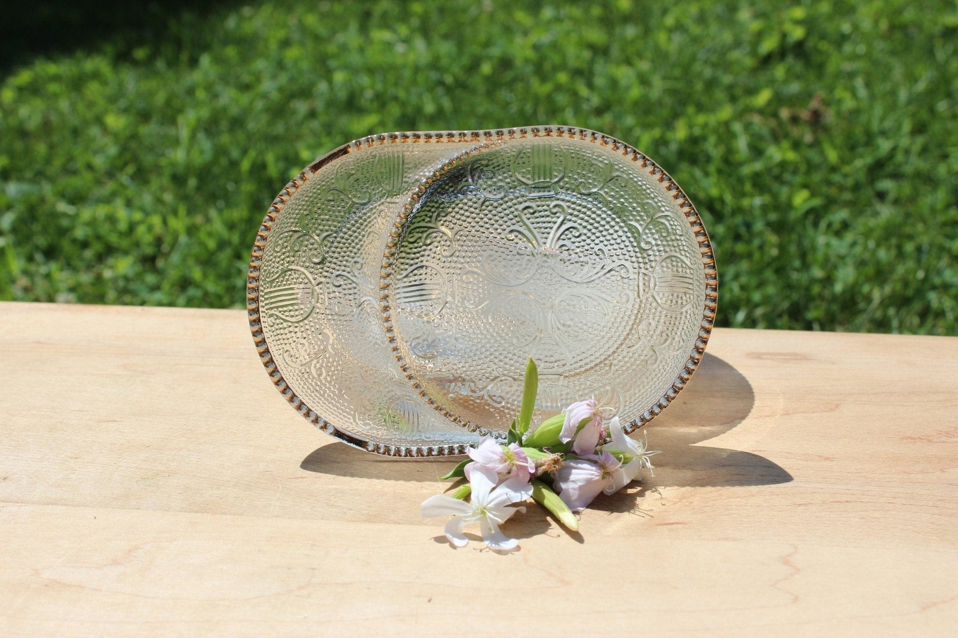Pressed Glass Trinket Dishes, Set of 3 — Swirl Floral & Harp Pattern, Gold Dot Rim, 4.75"L - Loom Vintage