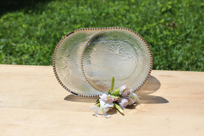 Pressed Glass Trinket Dishes, Set of 3 — Swirl Floral & Harp Pattern, Gold Dot Rim, 4.75"L - Loom Vintage
