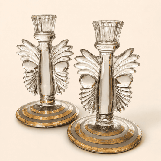 Art Deco Pressed Glass Candlesticks, Pair — Fanned Plume Sides, Gold Banded Bases