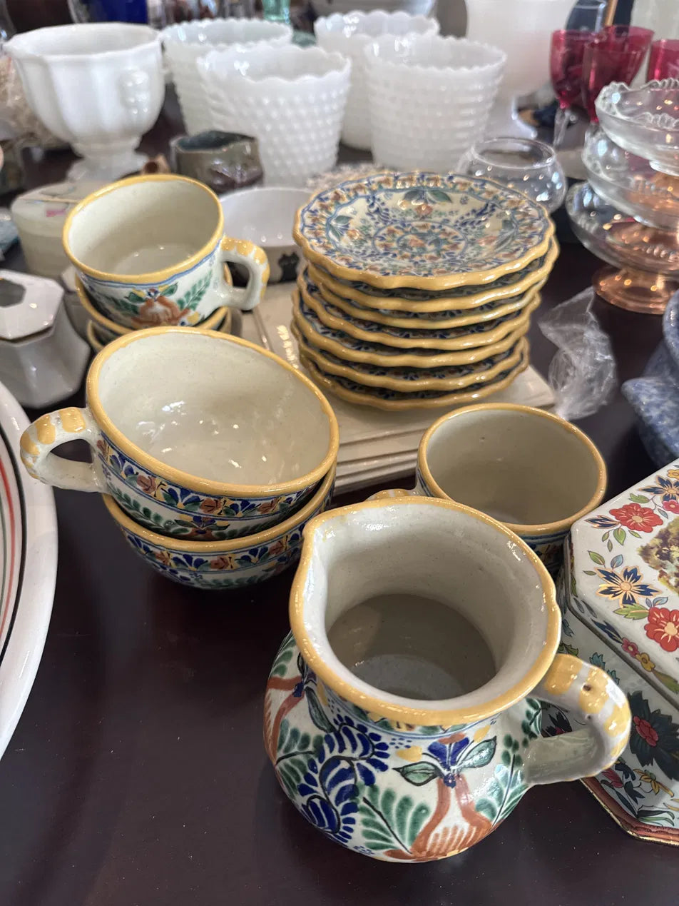 Talavera Poblana Set, 13 Pieces — Hand-Painted Puebla Mexico, Six Plates, Three Pairs of Cups, Creamer