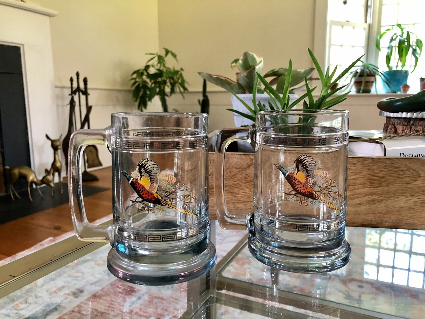 Princess House Glass Pheasant Geese Beer Steins / Retro Glass with Silver Band / Vintage Bar Ware / Beer Cup NIB Hunter Gift - Loom Vintage