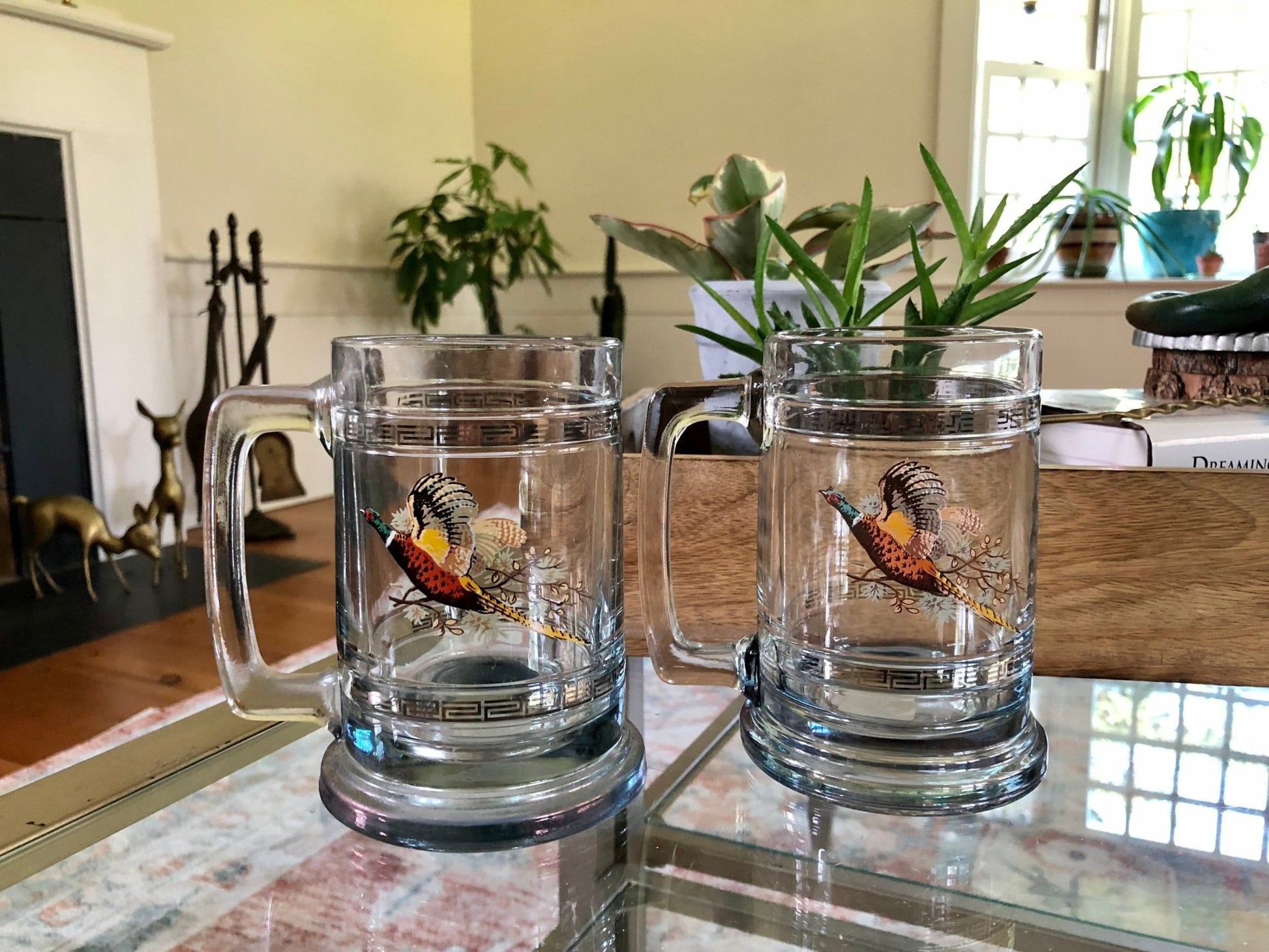 Princess House Glass Pheasant Geese Beer Steins / Retro Glass with Silver Band / Vintage Bar Ware / Beer Cup NIB Hunter Gift - Loom Vintage