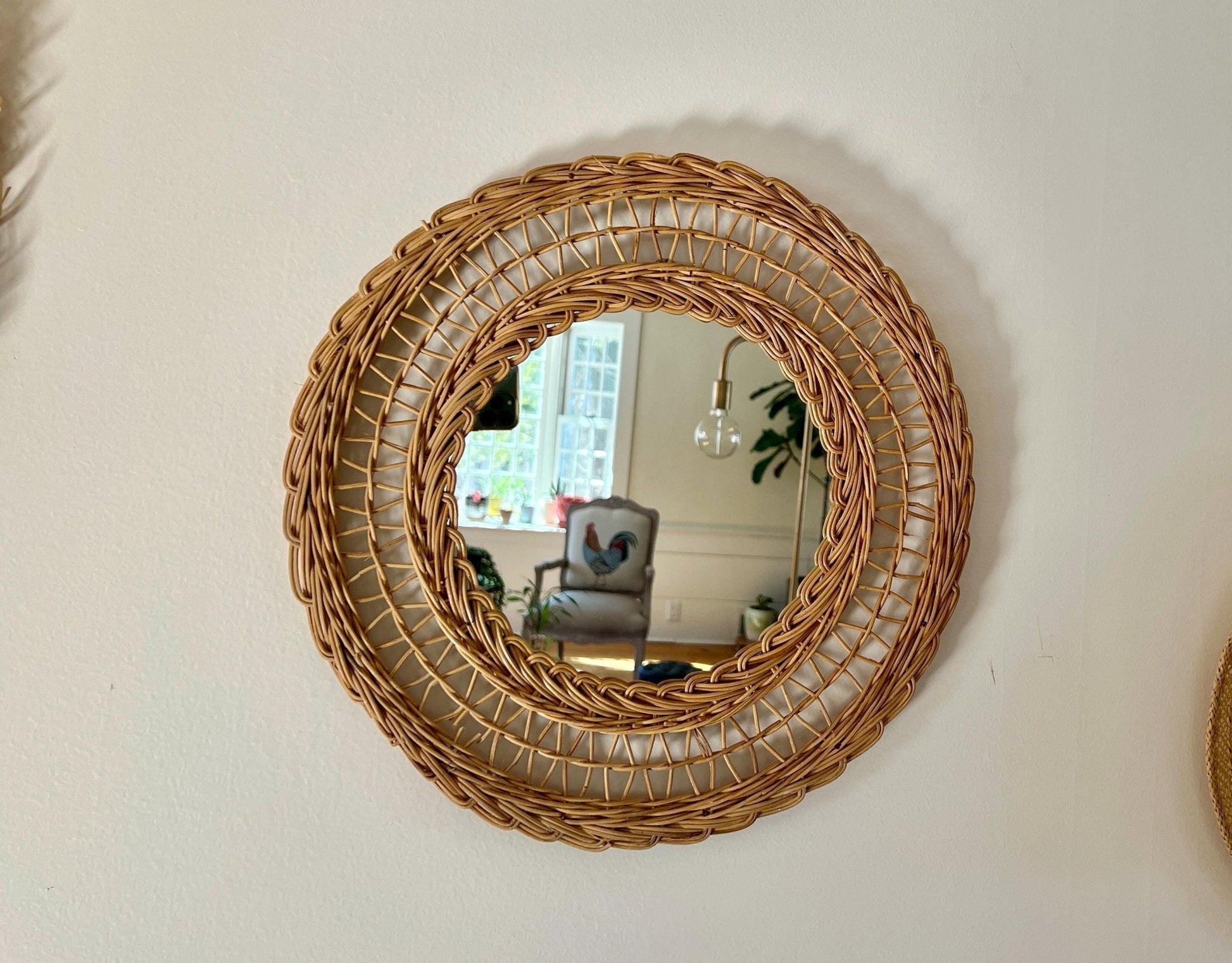 Rattan and Bamboo Pineapple Wall Mirror — Woven Natural, c. 1960s–70s - Loom Vintage
