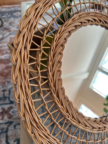Rattan and Bamboo Pineapple Wall Mirror — Woven Natural, c. 1960s–70s - Loom Vintage