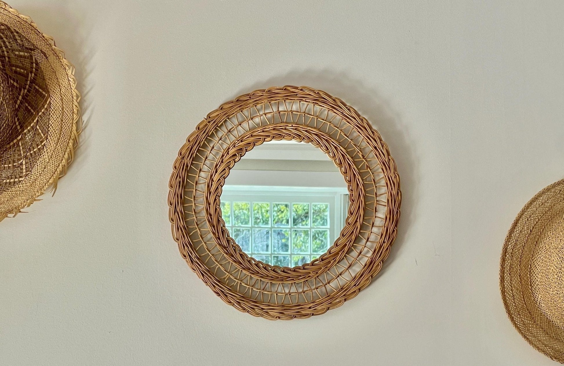 Rattan and Bamboo Pineapple Wall Mirror — Woven Natural, c. 1960s–70s - Loom Vintage