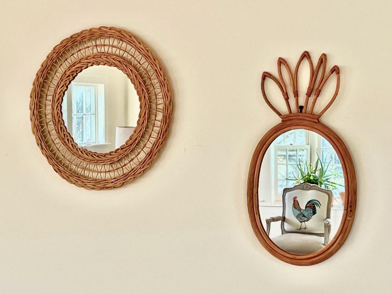 Rattan and Bamboo Pineapple Wall Mirror — Woven Natural, c. 1960s–70s - Loom Vintage