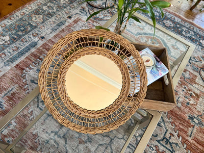 Rattan and Bamboo Pineapple Wall Mirror — Woven Natural, c. 1960s–70s - Loom Vintage