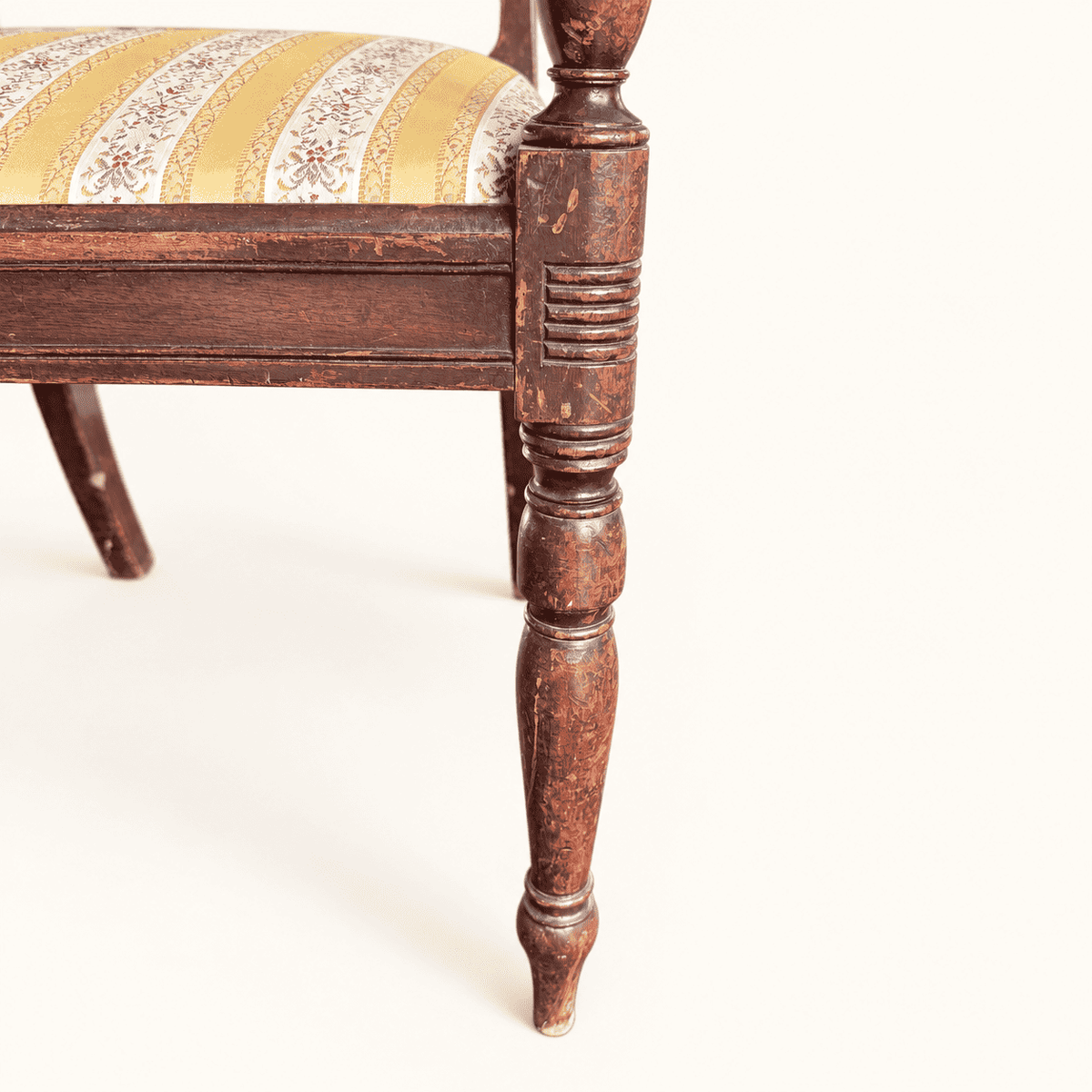 Turned front leg and reeded seat-corner block, finish worn to bare wood