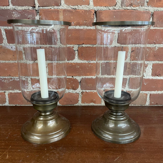 Restoration Hardware Brass & Glass Hurricane Candle Lanterns, Pair — 13"H, Made in India - Loom Vintage