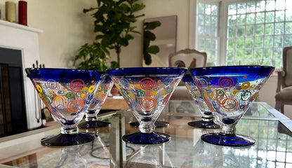 Retro martini glasses, set of 6, colorful circles with cobalt blue rim and foot, photo 1 of 10