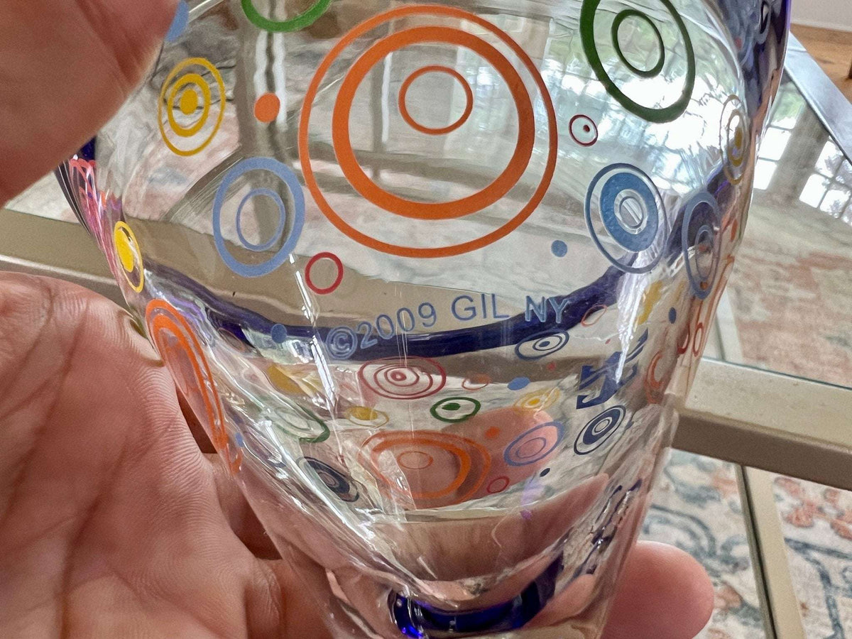 Retro martini glasses, set of 6, colorful circles with cobalt blue rim and foot, photo 10 of 10