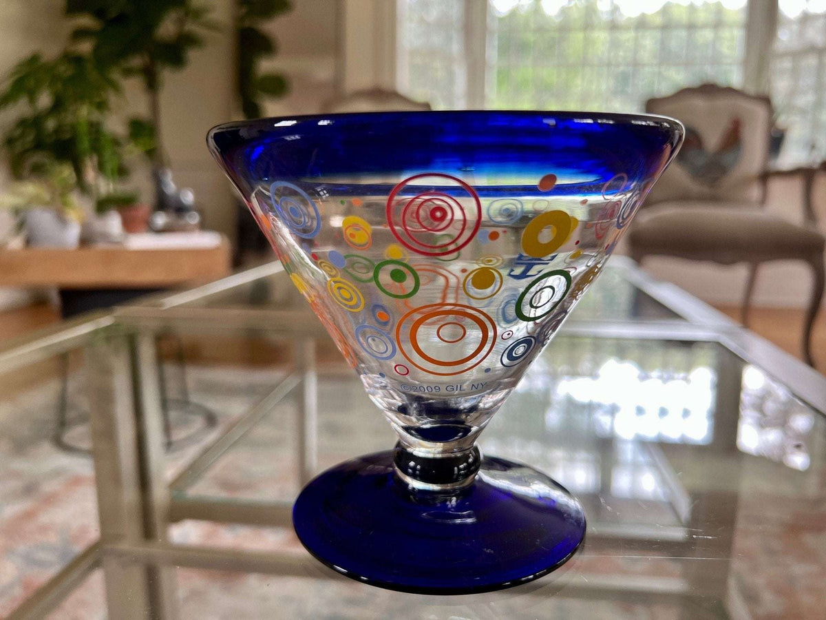 Retro martini glasses, set of 6, colorful circles with cobalt blue rim and foot, photo 2 of 10