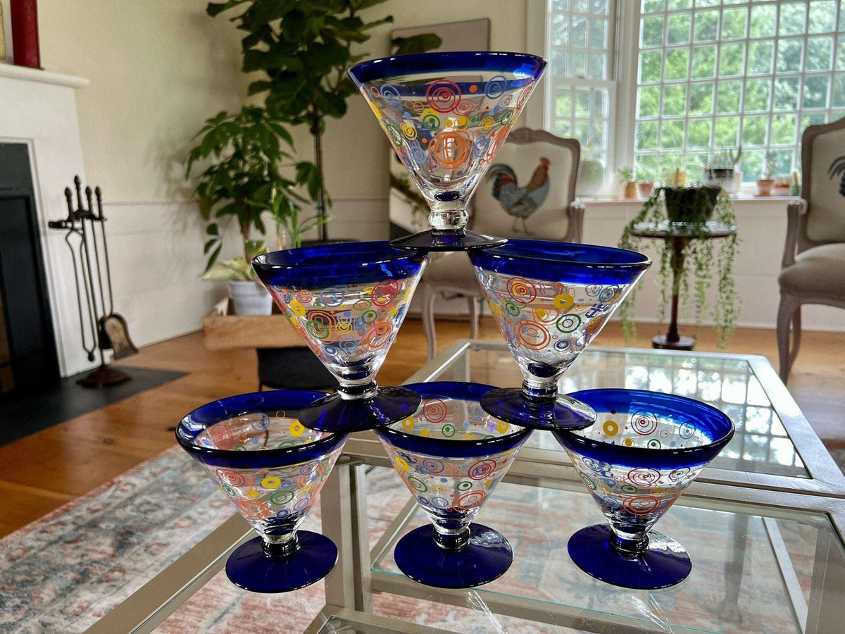 Retro martini glasses, set of 6, colorful circles with cobalt blue rim and foot, photo 3 of 10