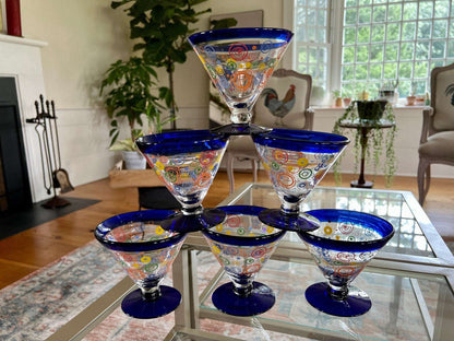 Retro martini glasses, set of 6, colorful circles with cobalt blue rim and foot, photo 3 of 10