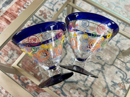 Retro martini glasses, set of 6, colorful circles with cobalt blue rim and foot, photo 4 of 10