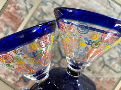 Retro martini glasses, set of 6, colorful circles with cobalt blue rim and foot, photo 5 of 10